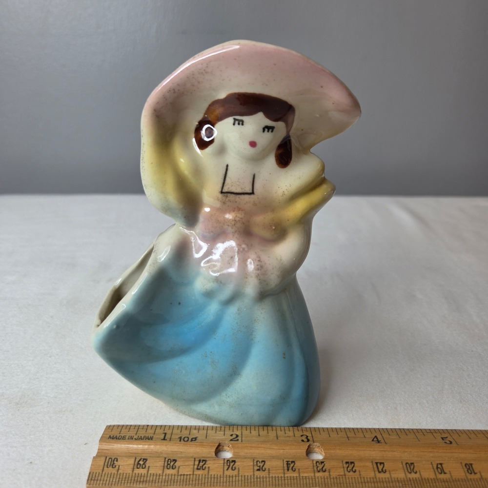 Vtg Ceramic Lady Girl Succulant Planter Bud Vase Blue Pink Southern Belle Japan